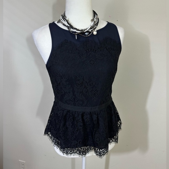Loft sz  2P blouse, top in a deep navy with a black lace overlay stitched on top - Picture 10 of 13